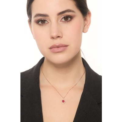 18k rose gold necklace with halo heart ruby and diamonds pendant