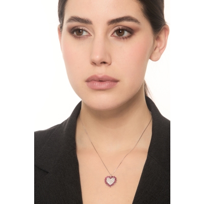 18k white gold necklace with heart ruby and diamonds pendant