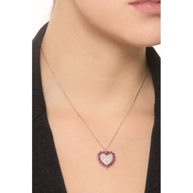 18k white gold necklace with heart ruby and diamonds pendant 18k white gold necklace with heart ruby and diamonds pendant
