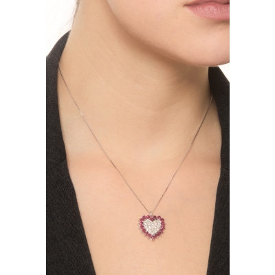 18k white gold necklace with heart ruby and diamonds pendant