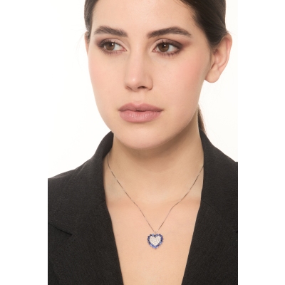 Blue sapphires and diamonds heart necklace in white gold 18k