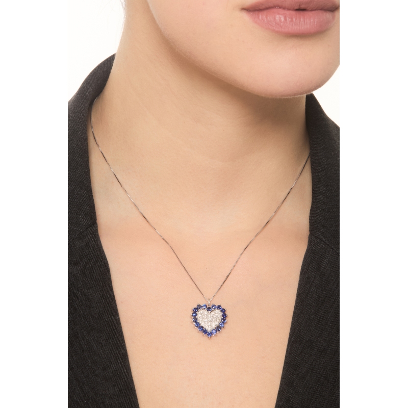 Blue sapphires and diamonds heart necklace in white gold 18k Blue sapphires and diamonds heart necklace in white gold 18k