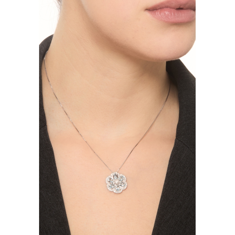 18k white gold necklace with flower pendant aquamarine and diamonds 18k white gold necklace with flower pendant aquamarine and diamonds