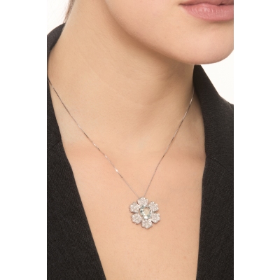 Flower necklace in white gold 18k with aquamarine and diamonds