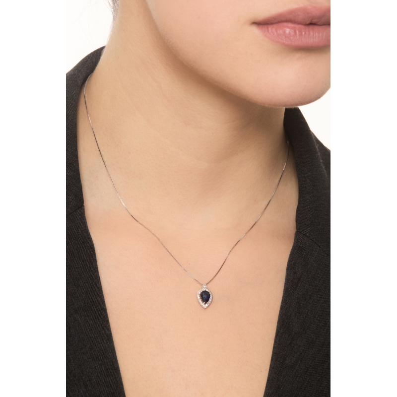 Necklace in white gold 18k with blue sapphire pear cut and diamonds Necklace in white gold 18k with blue sapphire pear cut and diamonds