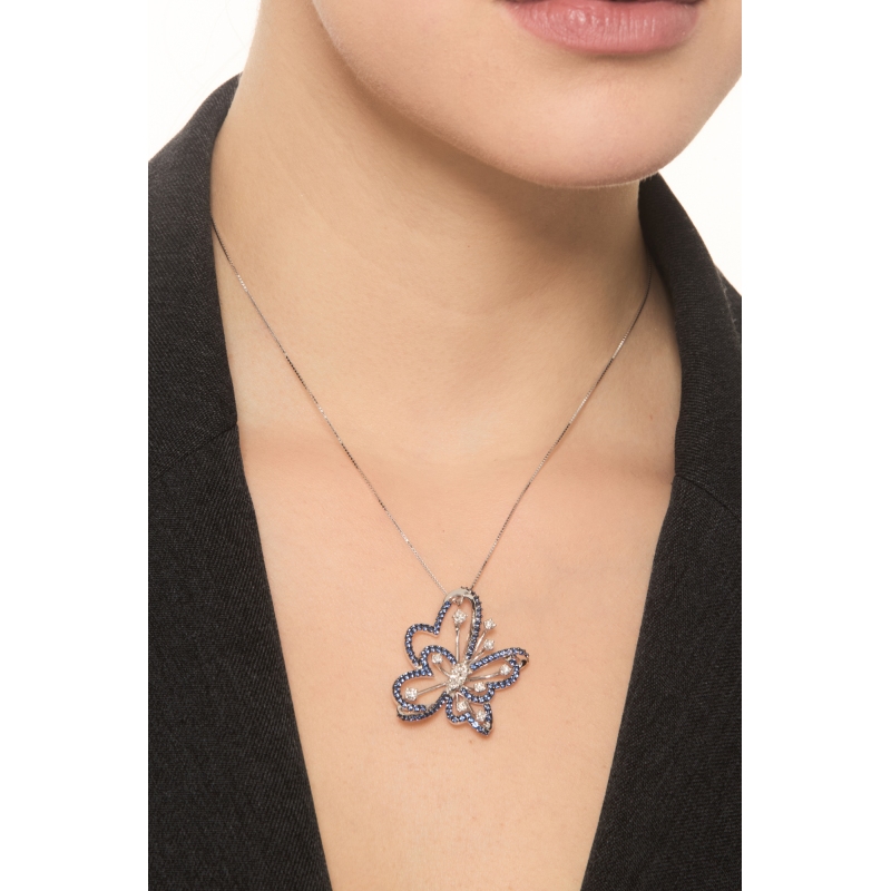 Necklace in white gold 18k with blue sapphires and diamonds butterfly pendant Necklace in white gold 18k with blue sapphires and diamonds butterfly pendant