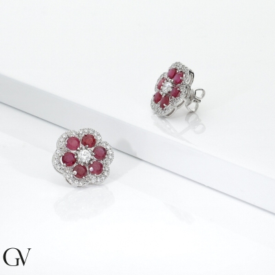 Flower earrings with rubies and diamonds 