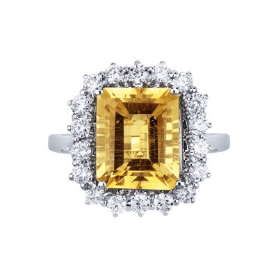 Emerald-cut yellow citrine ring with diamonds in 18kt white gold