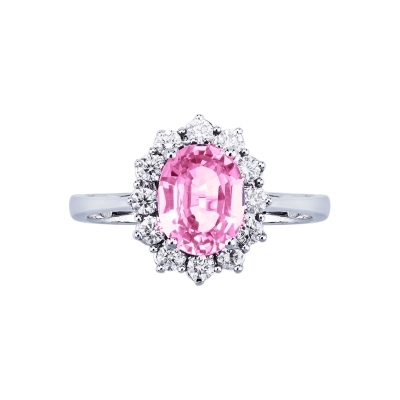 Engagement pink sapphire diamond ring in 18kt white gold  