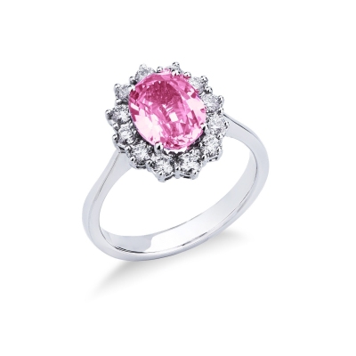 Engagement pink sapphire diamond ring in 18kt white gold  