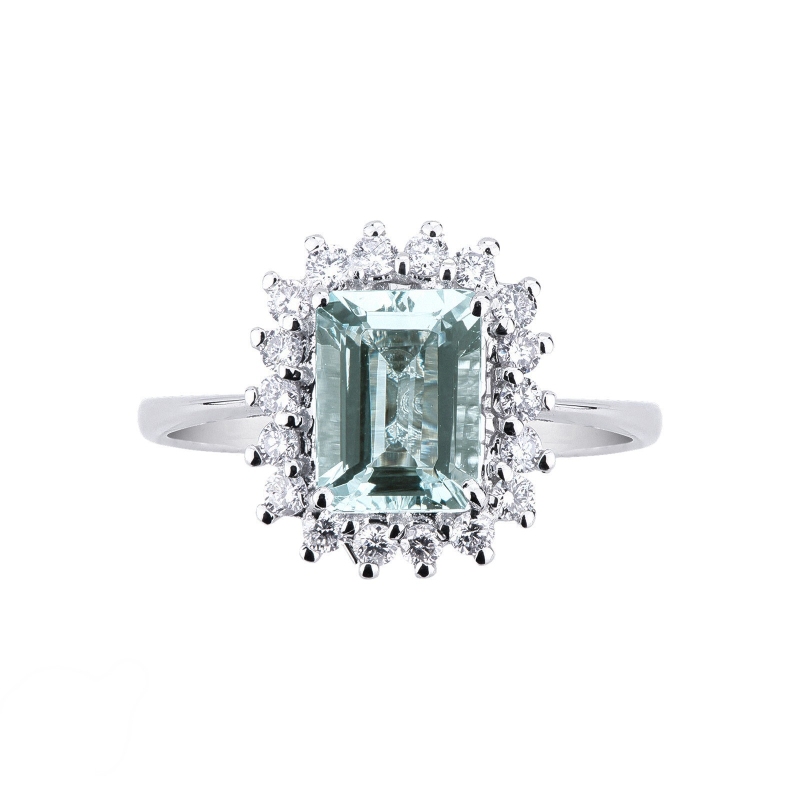 18k white gold halo ring with diamonds and aquamarine 18k white gold halo ring with diamonds and aquamarine