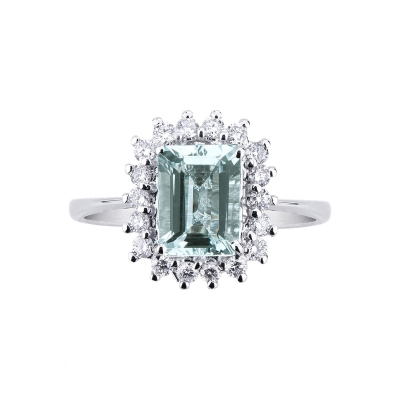 18k white gold halo ring with diamonds and aquamarine