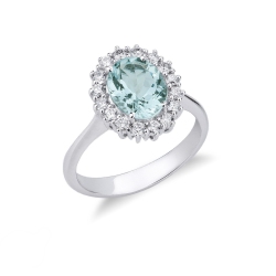 18k white gold halo ring with aquamarine and diamonds