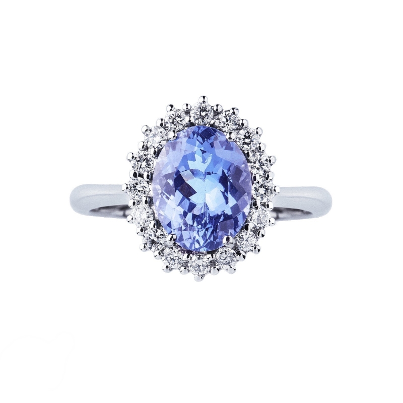 Halo ring with tanzanite and diamonds in white gold 18k Halo ring with tanzanite and diamonds in white gold 18k