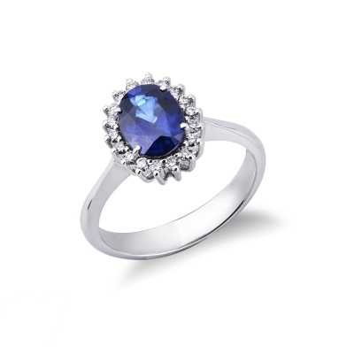 White gold 18k ring with a blue sapphire and diamonds 