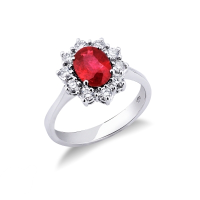 Halo ring with a central oval cut ruby and diamonds white gold 18k