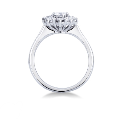 Flower shaped halo ring with diamonds in 18k white gold 