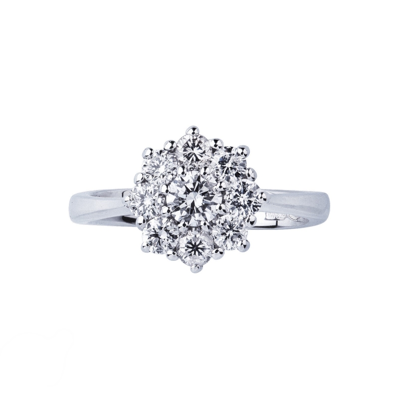 Flower shaped halo ring with diamonds in 18k white gold 