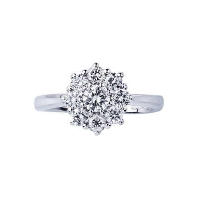 Flower shaped halo ring with diamonds in 18k white gold 