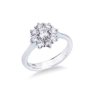 Flower shaped halo ring with diamonds in 18k white gold 
