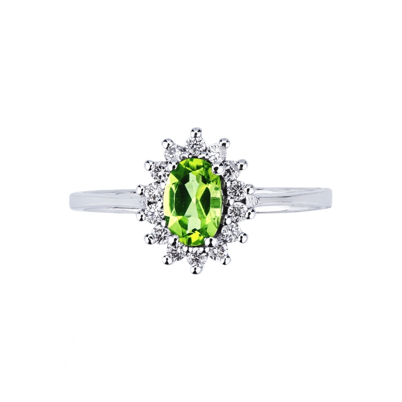 Halo ring in 18k white gold with oval cut peridot and diamonds Halo ring in 18k white gold with oval cut peridot and diamonds