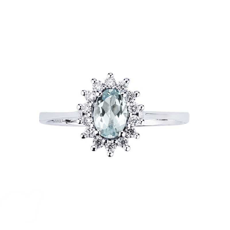 Halo ring white gold 18k with oval cut aquamarine and diamonds  Halo ring white gold 18k with oval cut aquamarine and diamonds