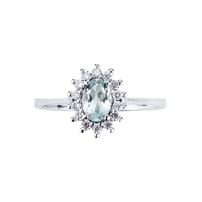 Halo ring white gold 18k with oval cut aquamarine and diamonds 