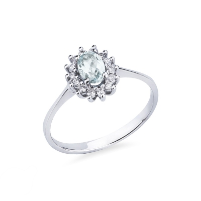 Halo ring white gold 18k with oval cut aquamarine and diamonds 