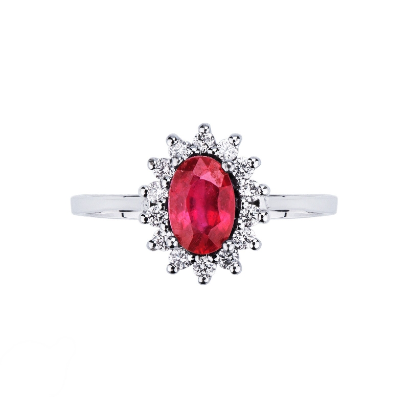 Halo ring with ruby oval cut and diamonds in white gold 18k Halo ring with ruby oval cut and diamonds in white gold 18k