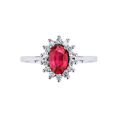 Halo ring with ruby oval cut and diamonds in white gold 18k