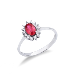 Halo ring with ruby oval cut and diamonds in white gold 18k