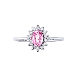 Diamond halo pink sapphire ring in 18kt white gold 2