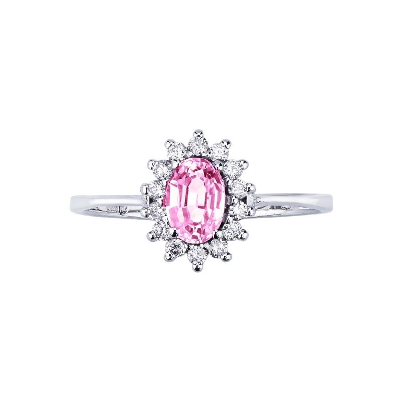 Diamond halo pink sapphire ring in 18kt white gold Diamond halo pink sapphire ring in 18kt white gold
