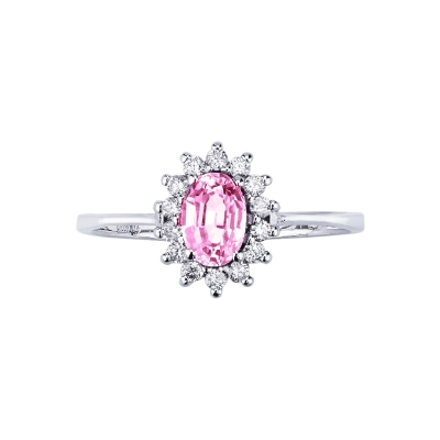 Diamond halo pink sapphire ring in 18kt white gold