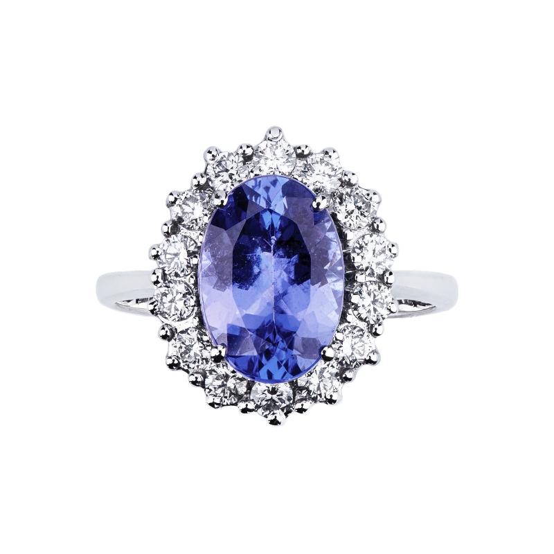 Tanzanite and diamond halo ring 18kt white gold