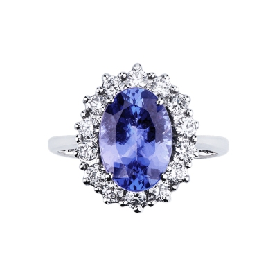 Tanzanite and diamond halo ring 18kt white gold