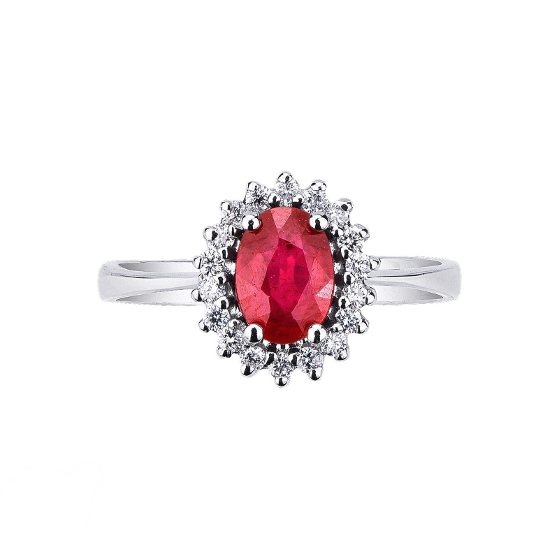 White gold 18k halo ring with diamonds and ruby oval cut  White gold 18k halo ring with diamonds and ruby oval cut