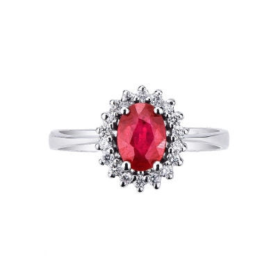 White gold 18k halo ring with diamonds and ruby oval cut 