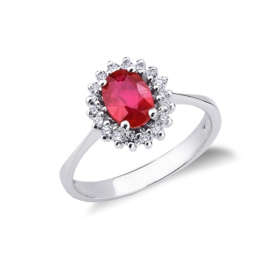 White gold 18k halo ring with diamonds and ruby oval cut 