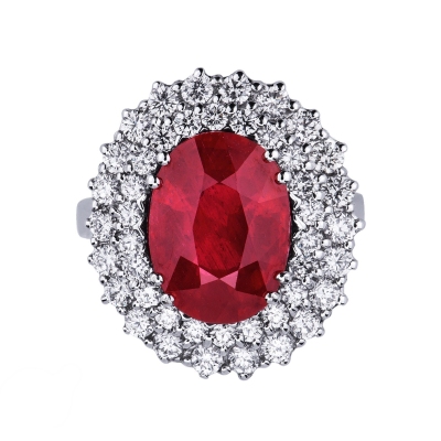 Diamond double halo ring with a central ruby white gold 18k