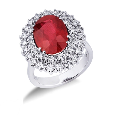 Diamond double halo ring with a central ruby white gold 18k