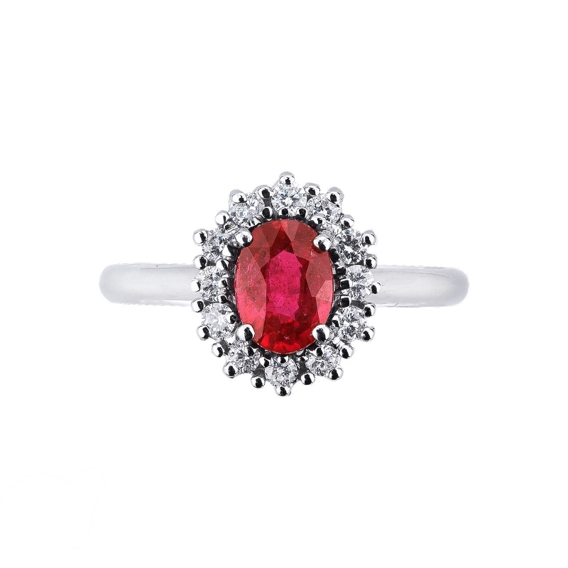 Halo ring white gold 18k with diamonds and a central ruby Halo ring white gold 18k with diamonds and a central ruby