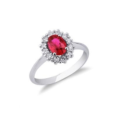 Halo ring white gold 18k with diamonds and a central ruby