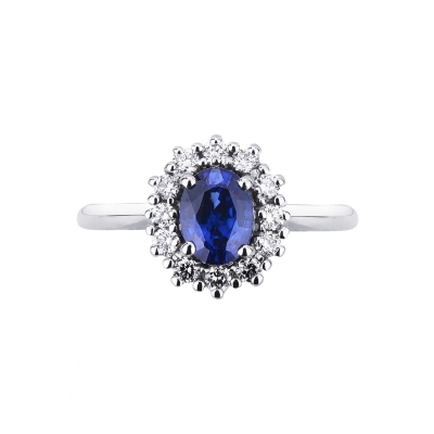 Halo ring white gold 18k with blue sapphire and diamonds 