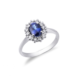 Halo ring white gold 18k with blue sapphire and diamonds