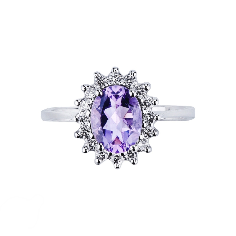 Halo ring 18k white gold with oval cut amethyst and diamonds Halo ring 18k white gold with oval cut amethyst and diamonds