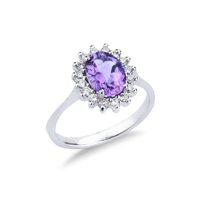 Halo ring 18k white gold with oval cut amethyst and diamonds