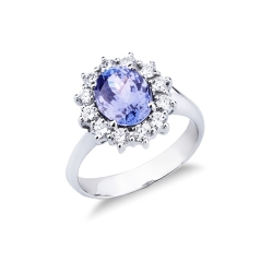Ring in white gold 18k with central oval tanzanite and halo in diamonds