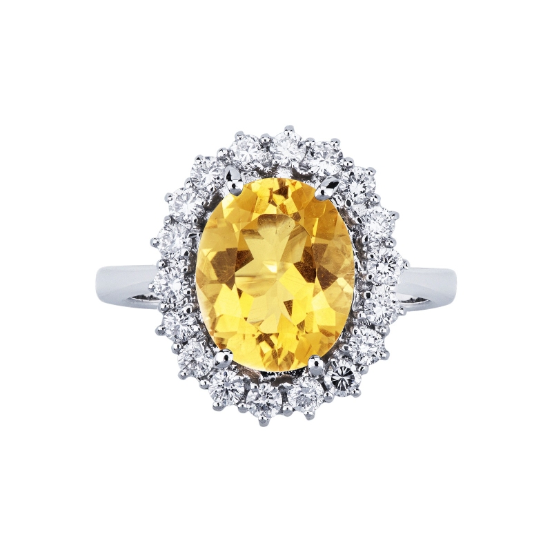 Citrine and diamonds halo ring in 18kt white gold Citrine and diamonds halo ring in 18kt white gold