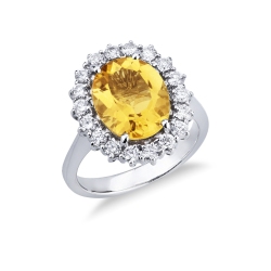 Citrine and diamonds halo ring in 18kt white gold